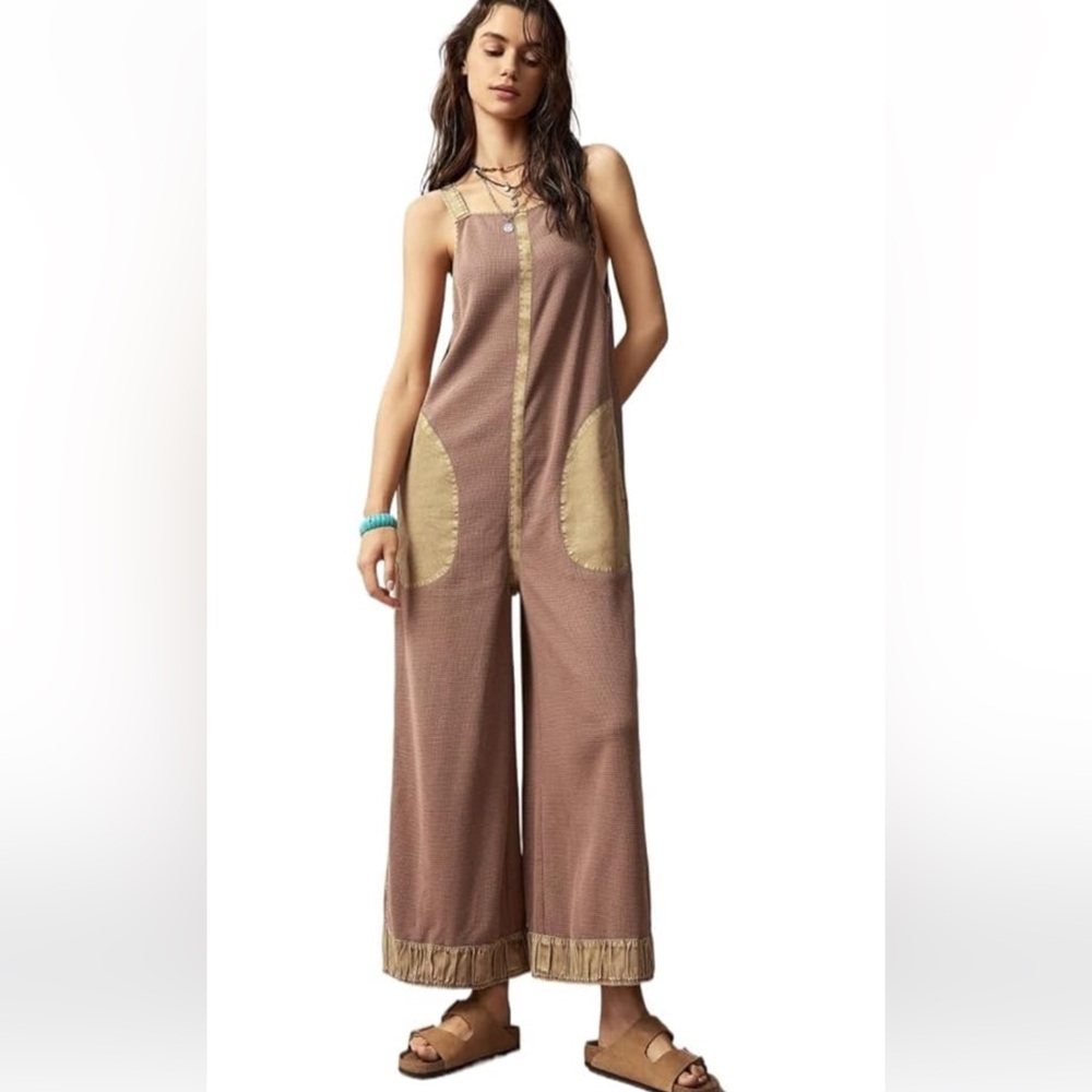 Sleeveless Wide-Leg Jumpsuit in Mauve with Tan Patch Details